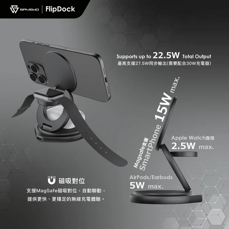 Savewo 救世 FlipDock Qi2 三合一磁吸摺疊旋轉無線充電座 FD-W31Q2