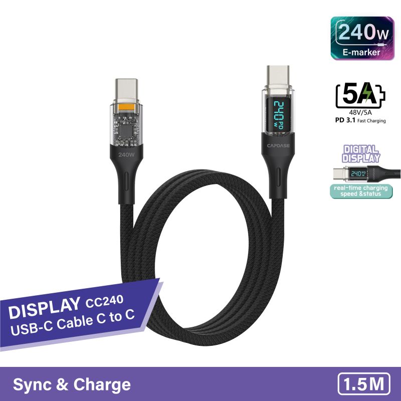 Capdase Display-CC240 速度顯示充電線 USB-C To USB C Sync and Charge Cable 1.5M Capdase Display-CC240 速度顯示充電線 USB-C To USB C Sync and Charge Cable 1.5M