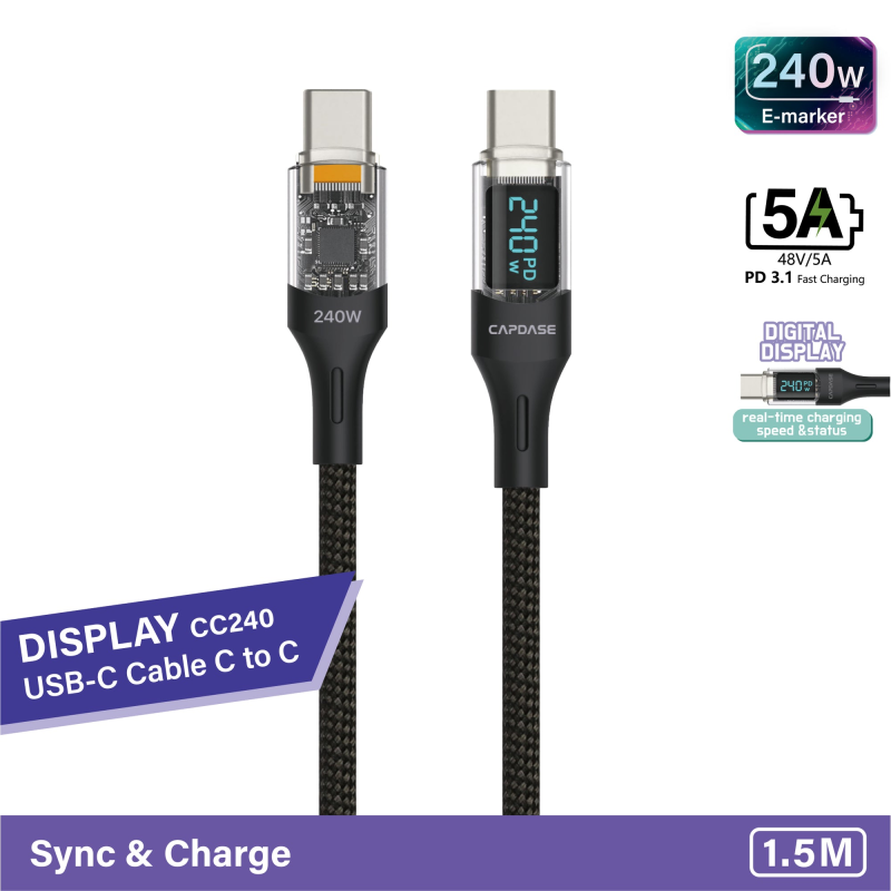 Capdase Display-CC240 速度顯示充電線 USB-C To USB C Sync and Charge Cable 1.5M Capdase Display-CC240 速度顯示充電線 USB-C To USB C Sync and Charge Cable 1.5M