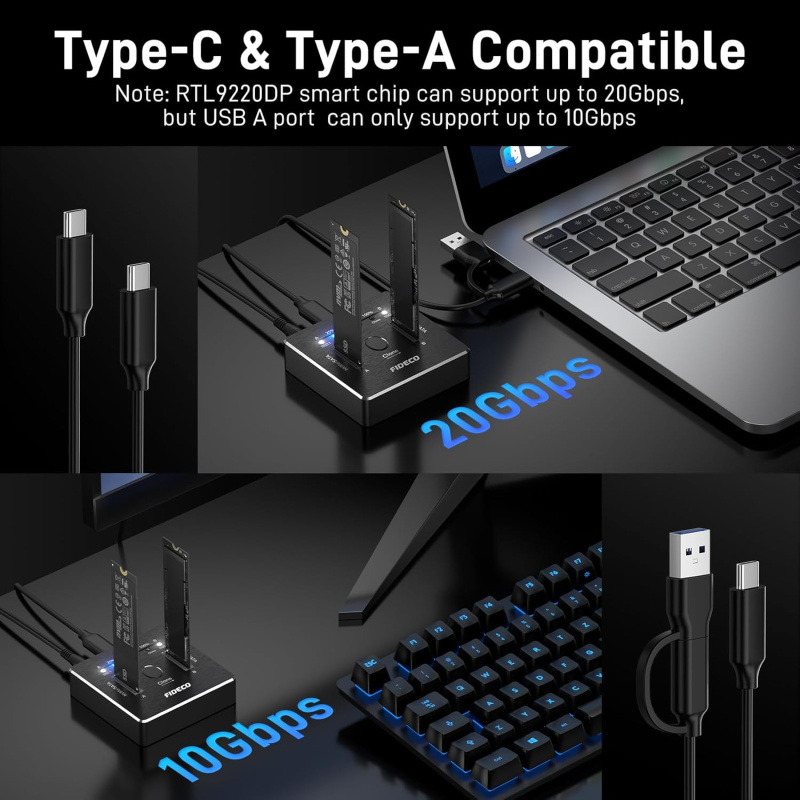 Fideco M.2 NVMe Sata SSD Cloner Dock  2 bays Duplicator USB3.2 Gen2 x 2 20Gbps M2288