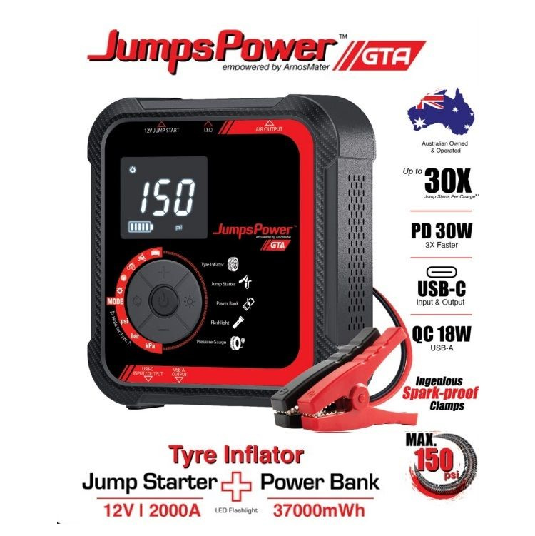 JUMPSPOWER GTA G4 12V/2000A 啟動器 + 37000MWH 行動電源 + 輪胎充氣機 黑色