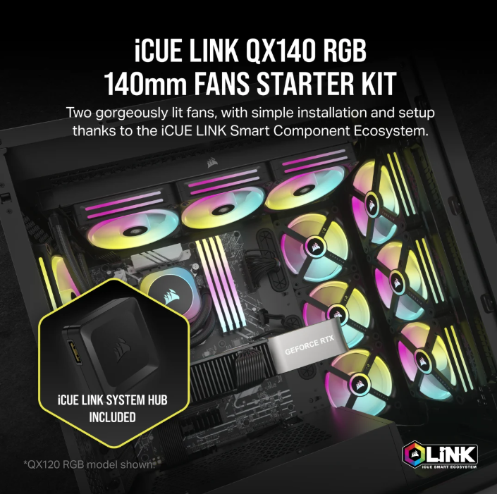 CORSAIR iCUE LINK QX140 RGB 140mm PWM PC Fans Starter Kit with iCUE LINK System Hub (Twin Pack) ( BLACK / WHITE )
