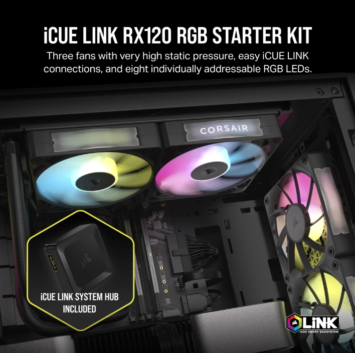 CORSAIR iCUE LINK RX120 RGB 120mm PWM Fan Triple Starter Kit (Triple Pack) ( BLACK / WHITE )