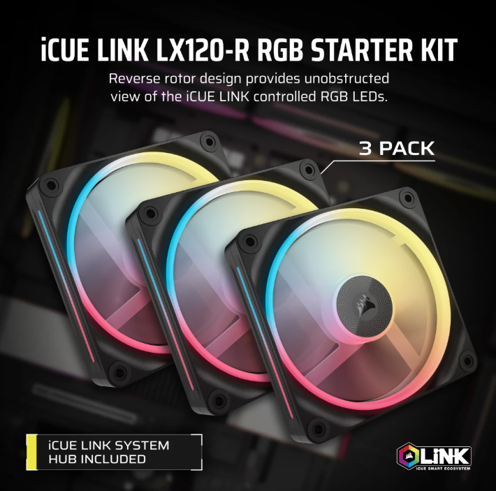 CORSAIR iCUE LINK LX120-R RGB 120mm PWM [反向] Fans Starter Kit (Triple Pack) ( BLACK / WHITE )