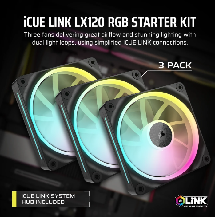 CORSAIR iCUE LINK LX120 RGB 120mm PWM Fans Starter Kit (Triple Pack) ( BLACK / WHITE )