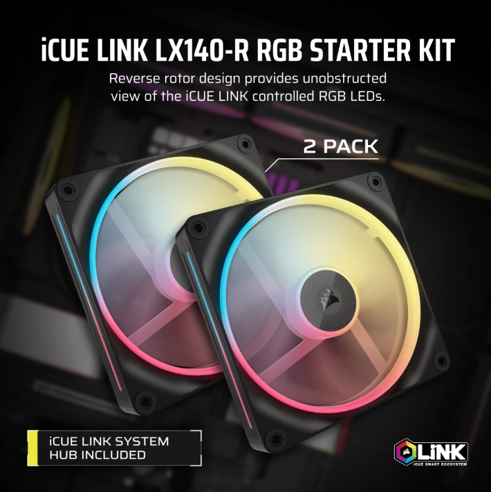 CORSAIR iCUE LINK LX140-R RGB 140mm PWM [反向] Fans Starter Kit (Twin Pack) ( BLACK / WHITE )