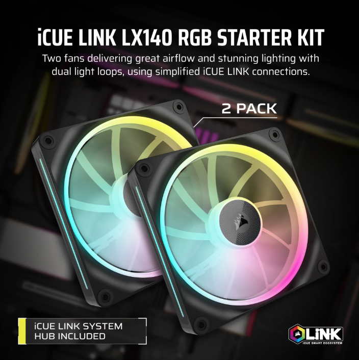 CORSAIR iCUE LINK LX140-R RGB 140mm PWM Fans Starter Kit (Twin Pack) ( BLACK / WHITE )