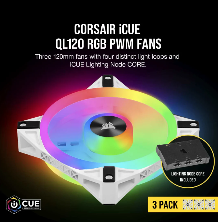 CORSAIR iCUE QL120 RGB 120mm PWM White Fan — Triple Fan Kit with Lighting Node CORE (Triple Pack) ( WHITE )