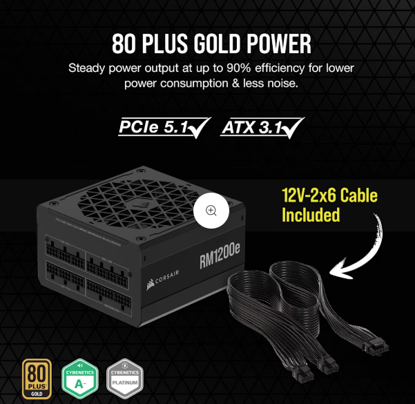 CORSAIR RMe 系列 RM1200e ( ATX 3.1 & PCIe 5.1) 全模組化低噪音 ATX 電源供應器 (UK)