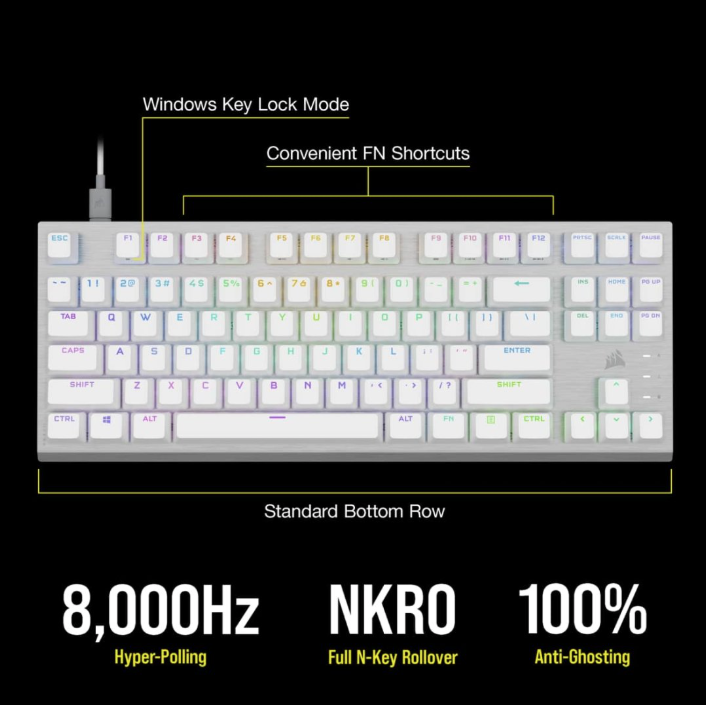 Corsair K60 PRO TKL RGB Tenkeyless Optical-Mechanical Gaming Keyboard ( BLACK / WHITE )