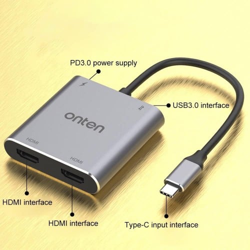 Onten Type-C (USB-C) to Dual HDMI 4K@60Hz Adapter with PD 3.0 OTN-9175K