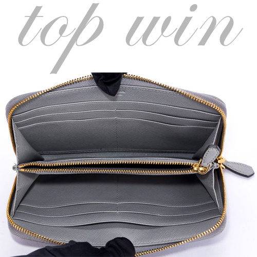 Prada 金字浮刻防刮牛皮12卡位 拉鏈長夾（大象灰） 平行進口