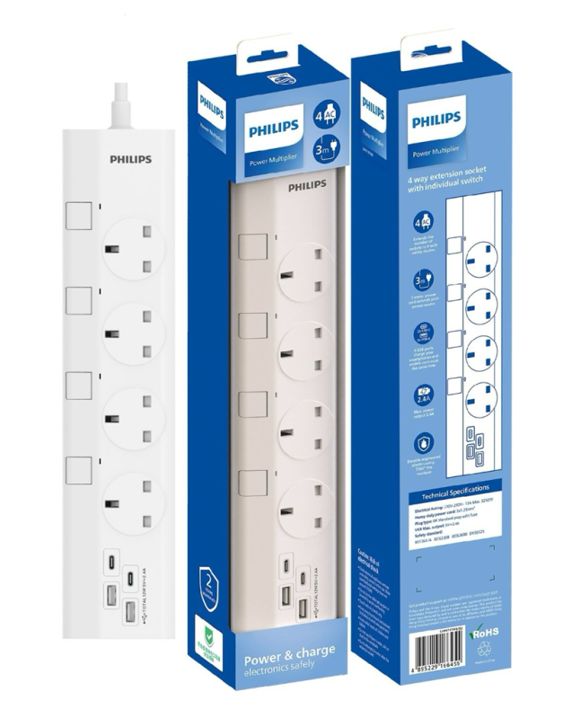 飛利浦 Philips CHP4747WB 3米四位獨立開關USB電拖板