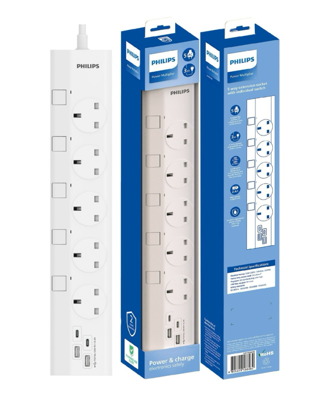 飛利浦 Philips CHP4757WB 3米五位獨立開關USB電拖板