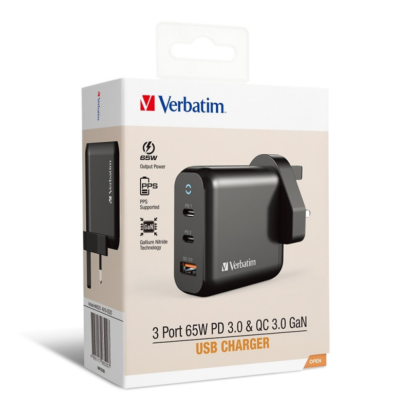 Verbatim 3 Port 65W PD 3.0 & QC 3.0 GaN USB充電器[66520]