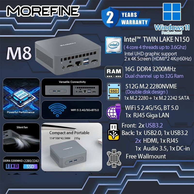 MoreFine M8 Mini-PC 迷你電腦(Intel N150, 16+512GB SSD, Win11 Pro