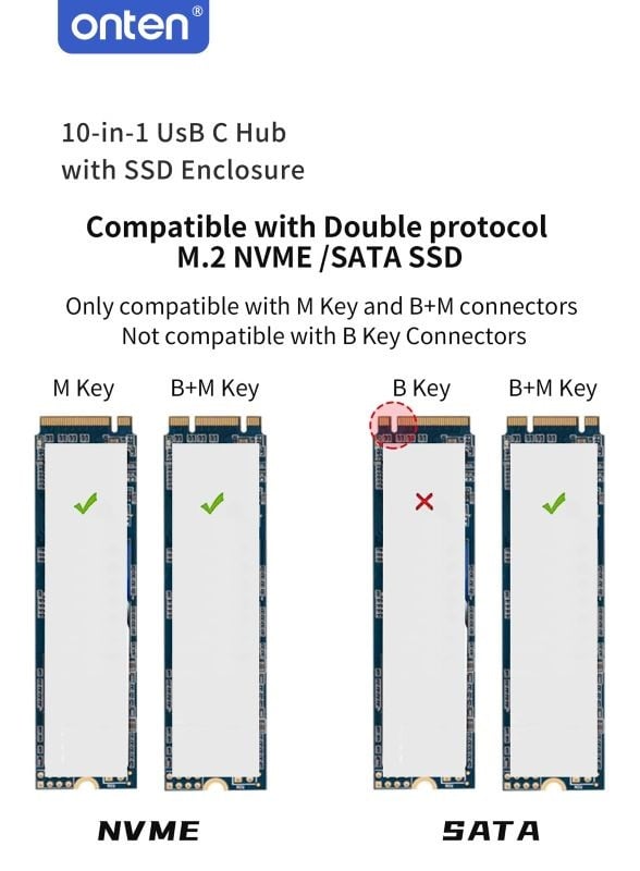 Onten 10 in 1 USB-C Hub with M.2 SATA and NVMe SSD Docking Station OTN-UC966