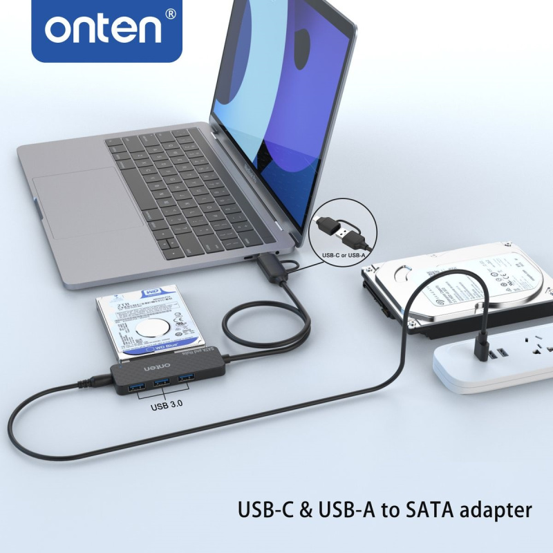 Onten TYPE-C ( USB-C ) & USB 3.0 to SATA adapter with USB 3.0 x 3 Ports HUB UCA312