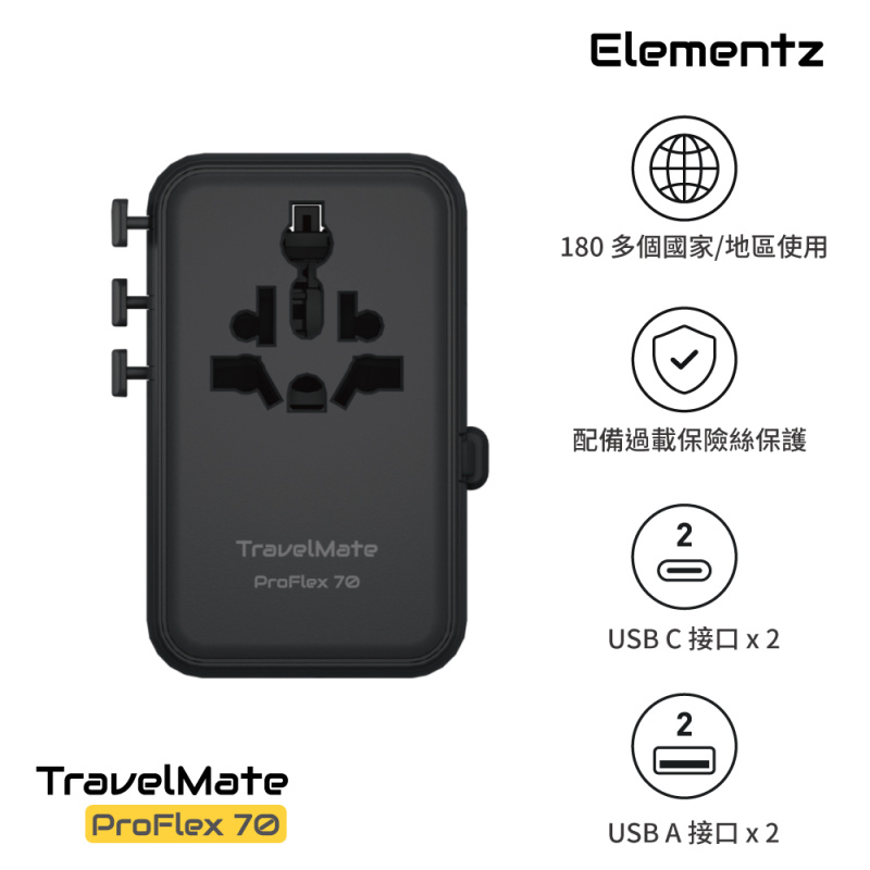 Elementz TravelMate ProFlex 70W Travel Adapter 旅行充電器 PT-W70H