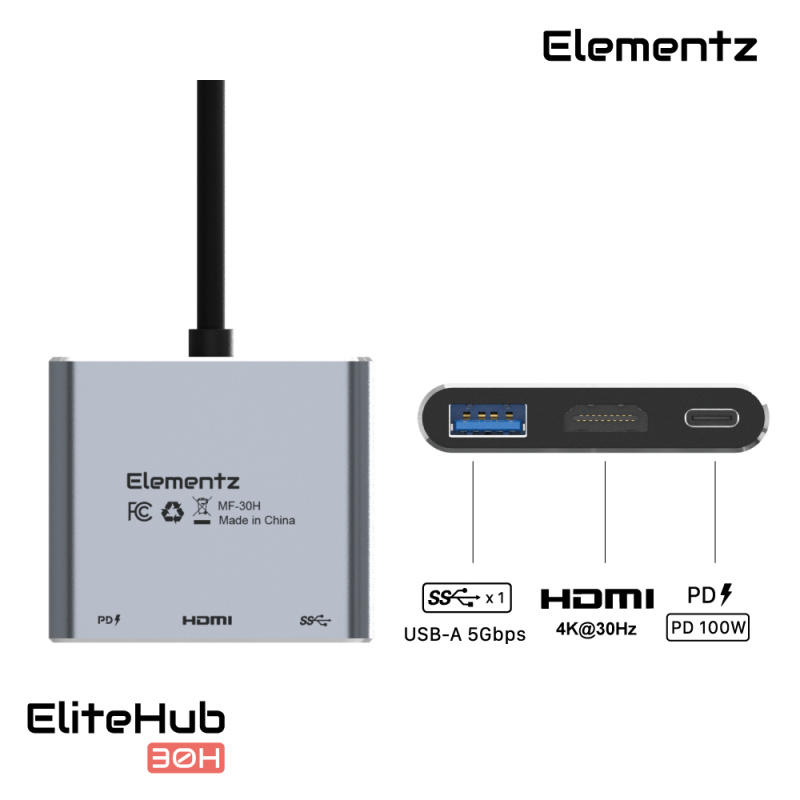 Elementz EliteHub 30H 3 in 1 USB-C Hub MF-30H
