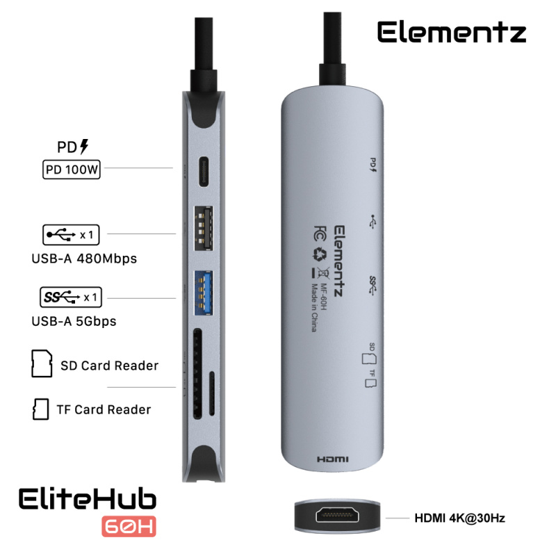 Elementz EliteHub 60H 6 in 1 USB-C Hub MF-60H