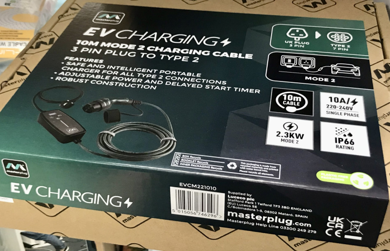 Masterplug EV 電動車充電線 10米-單相-模式2-便攜式 Type2-13A 插頭 LED 指示燈 (每小時充電→行駛8英里) EVCM221010 香港總代理