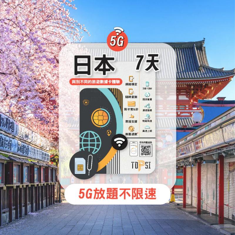 TOPSI [5G] 日本 放題不限速 5 / 7 / 8 / 10 / 15天 Softbank / KDDI