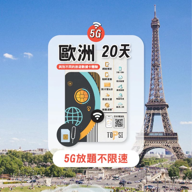 TOPSI [5G] 歐洲34國 放題不限速 10/20/30天