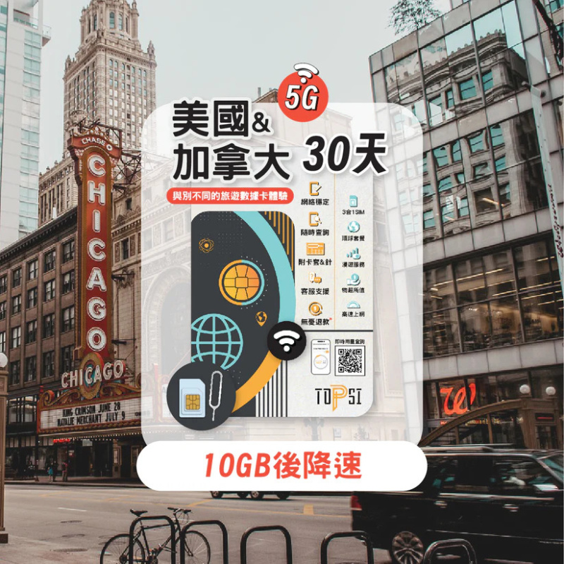 TOPSI [5G] 美國 & 加拿大 30天 無限數據卡