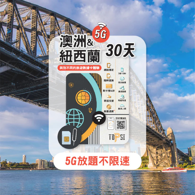 TOPSI [5G] 澳洲 & 紐西蘭 10/20/30天 當地極速 無限數據