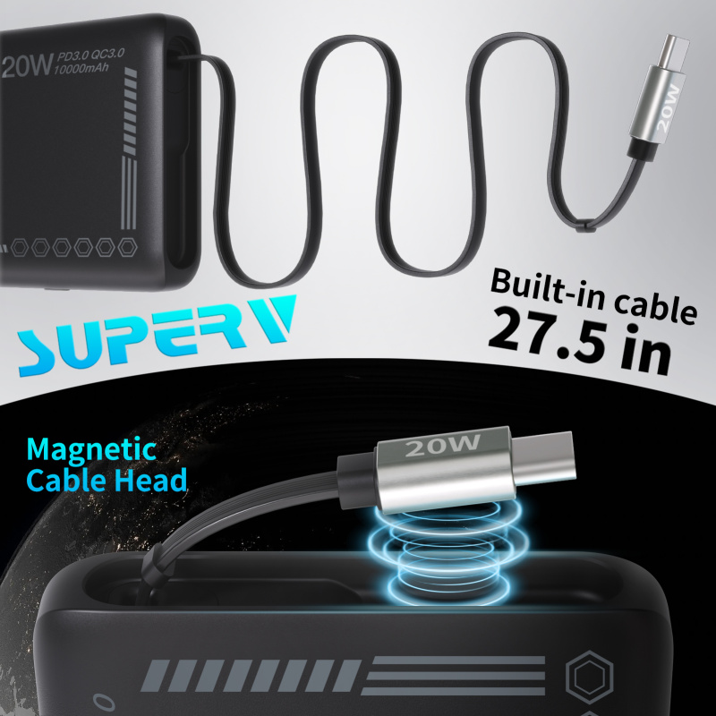 SUPERV Power14 Power Bank 10000mAh 20W 70cm Retractable Type-C Cable Dual Input & Output
