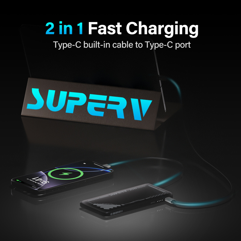 SUPERV Power14 Power Bank 10000mAh 20W 70cm Retractable Type-C Cable Dual Input & Output