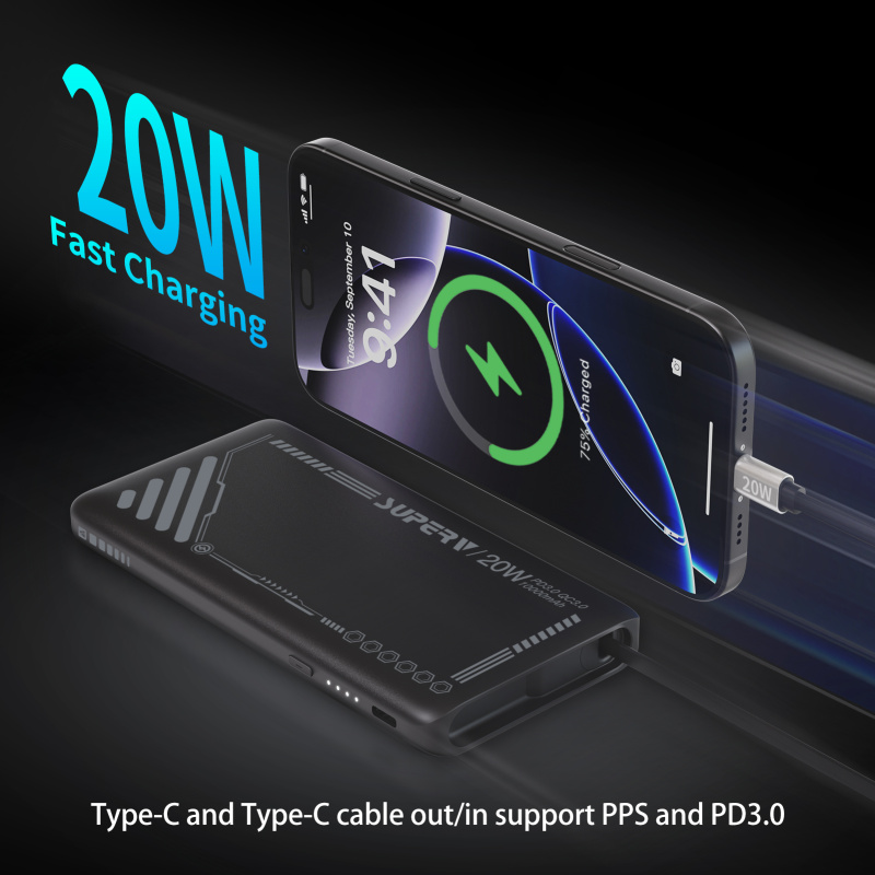 SUPERV Power14 Power Bank 10000mAh 20W 70cm Retractable Type-C Cable Dual Input & Output