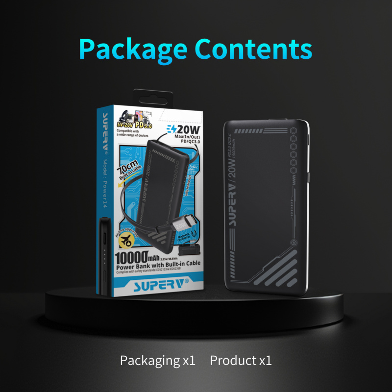 SUPERV Power14 Power Bank 10000mAh 20W 70cm Retractable Type-C Cable Dual Input & Output