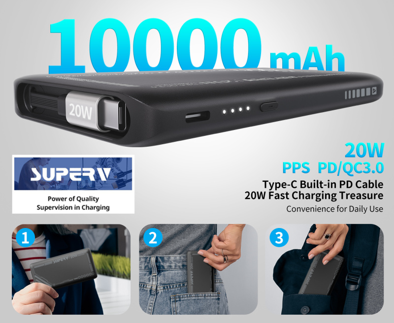 SUPERV Power14 Power Bank 10000mAh 20W 70cm Retractable Type-C Cable Dual Input & Output
