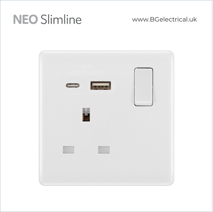 British General - BG Neo Slimline系列-13A插座帶開關 USB (C=18W + A=18W) 單極 1位 PCWH21UAC18 白-香港代理
