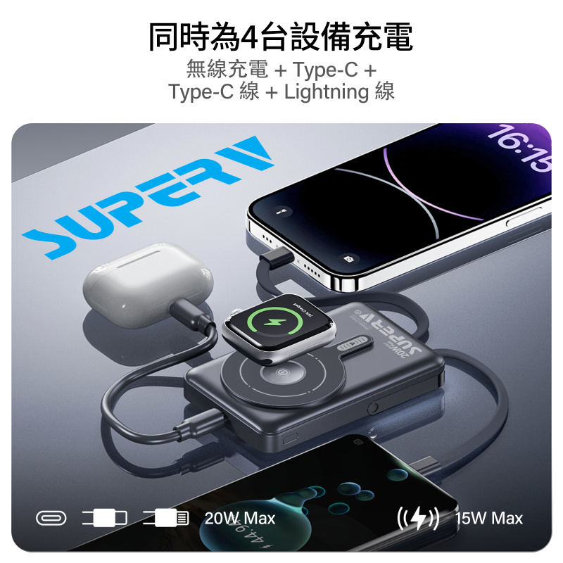 SUPERV CCC認證 可上機 4合1 LED顯示屏無線移動電源 F45