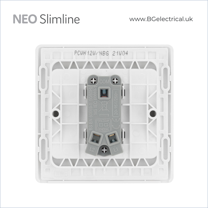 BRITISH GENERAL - BG Neo Slimline 大按燈掣 Wide Rocker 20A/16AX 雙控一位 PCWH12W 白 香港代理