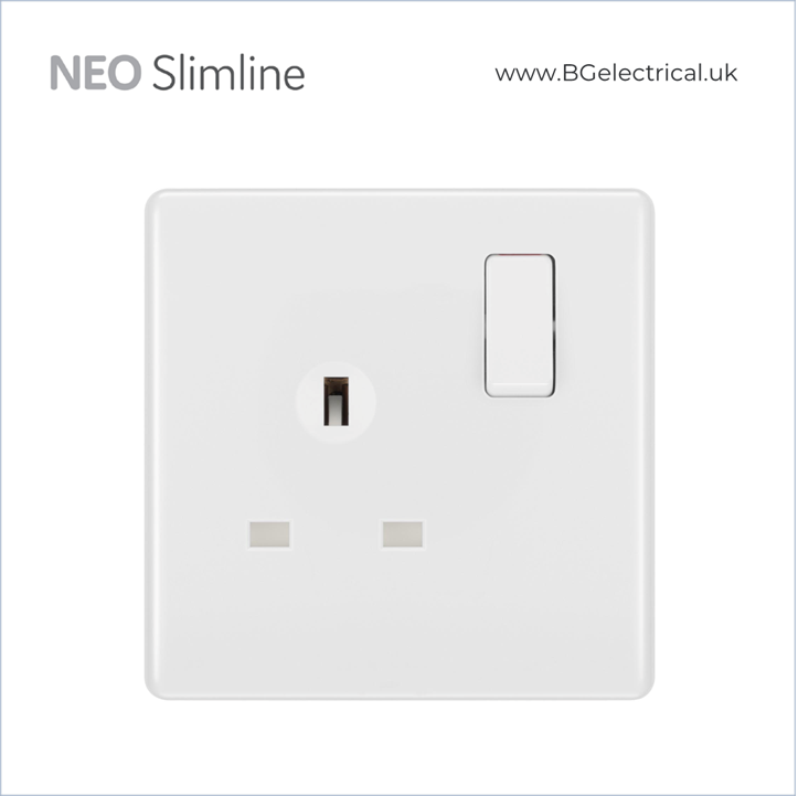 BRITISH GENERAL - BG Neo Slimline 13A 插座帶開關  Socket & Switched 單極 1位 PCWH21 白-香港代理