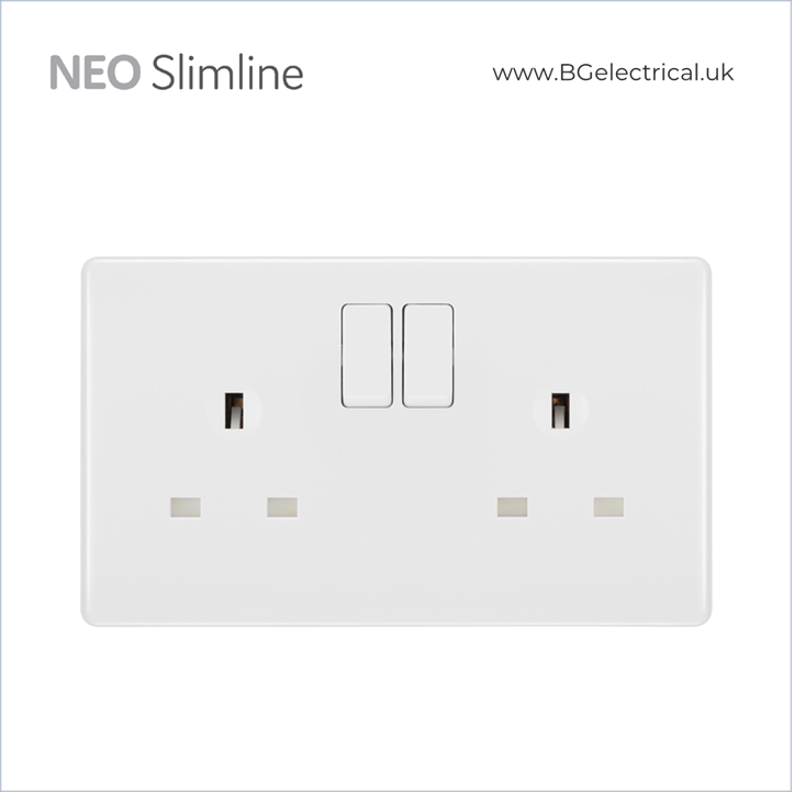 BRITISH GENERAL - BG Neo Slimline 13A 插座帶開關  Socket & Switched 單極 2位 PCWH22 白-香港代理