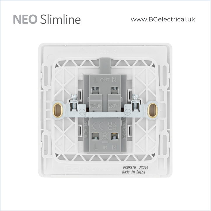 BRITISH GENERAL - BG Neo Slimline 大按燈掣 Wide Rocker 20A/16AX 20A 雙極 1位 PCWH31W 白-香港代理