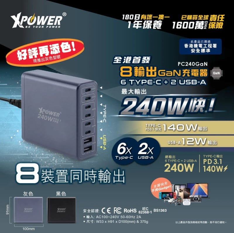 XPower 240W 8輸出 PD3.1/PPS 桌上型GaN充電器 PC240GaN