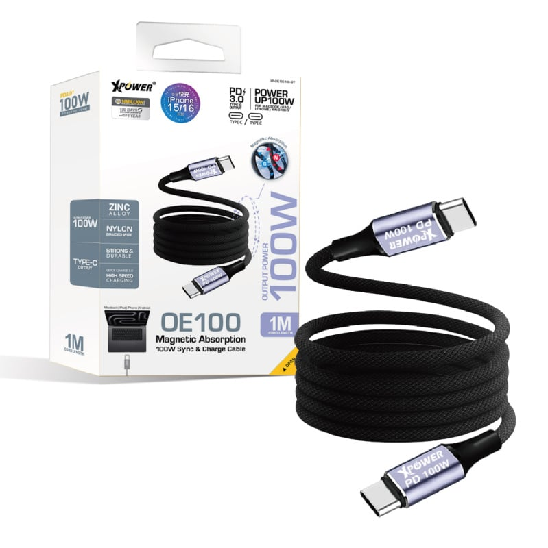 XPower 磁吸收納鋅合金100W高速傳輸充電線 OE100