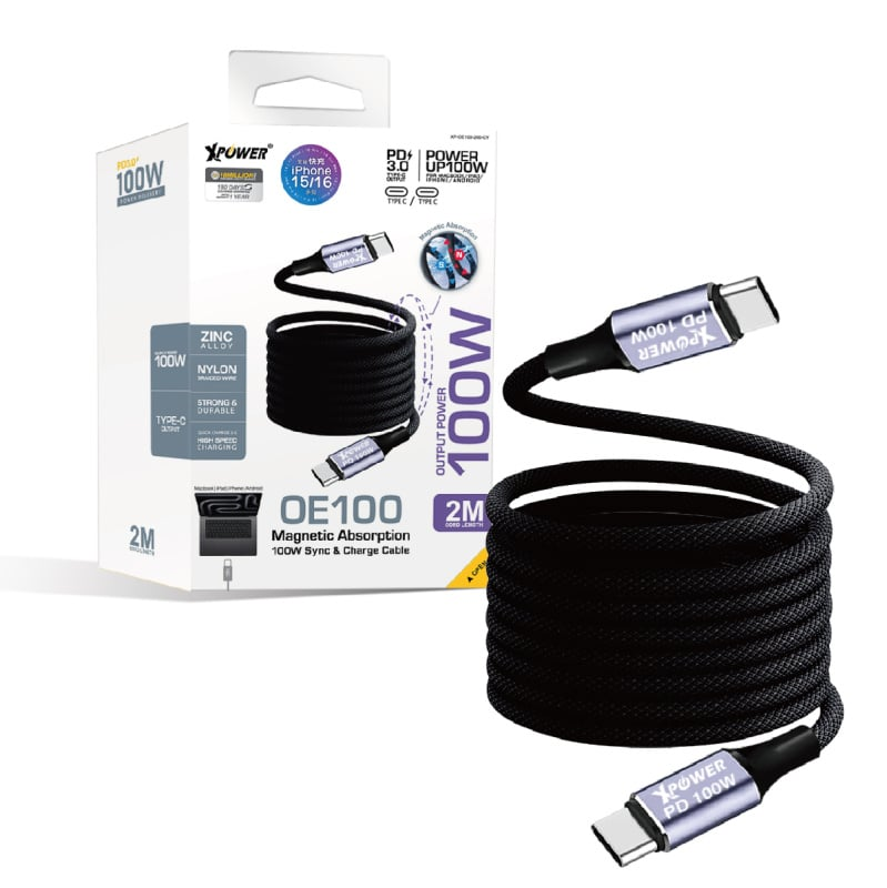 XPower 磁吸收納鋅合金100W高速傳輸充電線 OE100