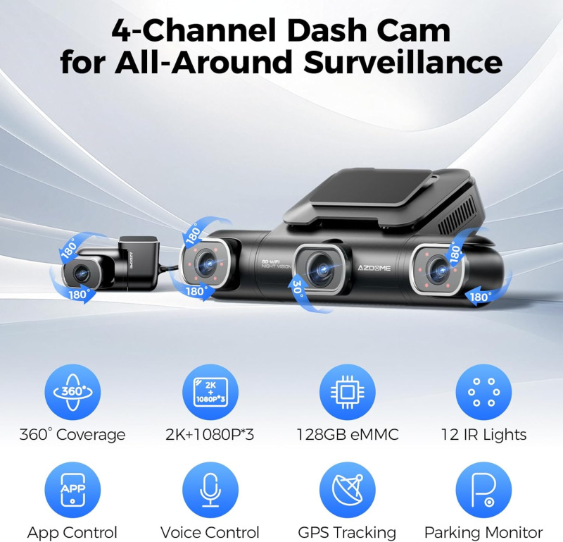 AZDOME M660 4鏡頭 360° 2K+1K+1K+1K 內存128GB 超高清行車記錄儀 WIFI GPS