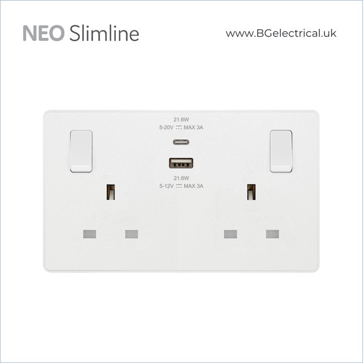 BRITISH GENERAL - BG Neo Slimline 系列-13A 插座帶開關 22W 快充 USB C+A 單極 2位 PCWH22UAC22 白-香港代理