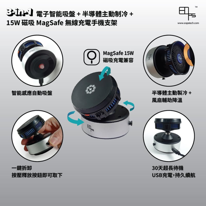 EOps 3合1電子智能吸盤+半導體主動制冷+15W𥔵吸MagSafe無線充電手機支架
