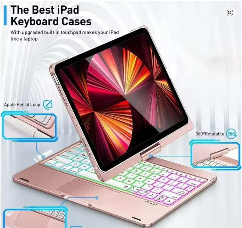 適用 iPad A16 AIR 11 Pro 11 旋轉鍵盤保護套 觸控板 7色背光藍牙鍵盤保護套
