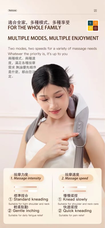 TECHLOVE深層肩頸按摩器|斜方股按摩儀|快速加熱|模仿人手柔揉技術