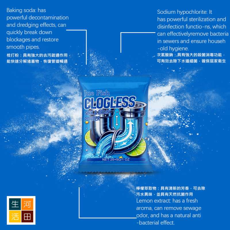 JUE-FISH 強力管道疏通劑 (30g)│超強通渠粉末│下水道通暢劑│管道疏通清潔粉│溶解管道油污堵塞除臭粉│廚房浴室疏通除臭劑